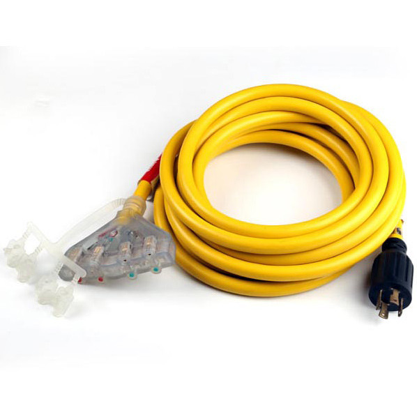 30Amp 4-Prong Locking Generator Distribution Cord (Custom Length L14-30 to Four Lighted 5-20R Household)